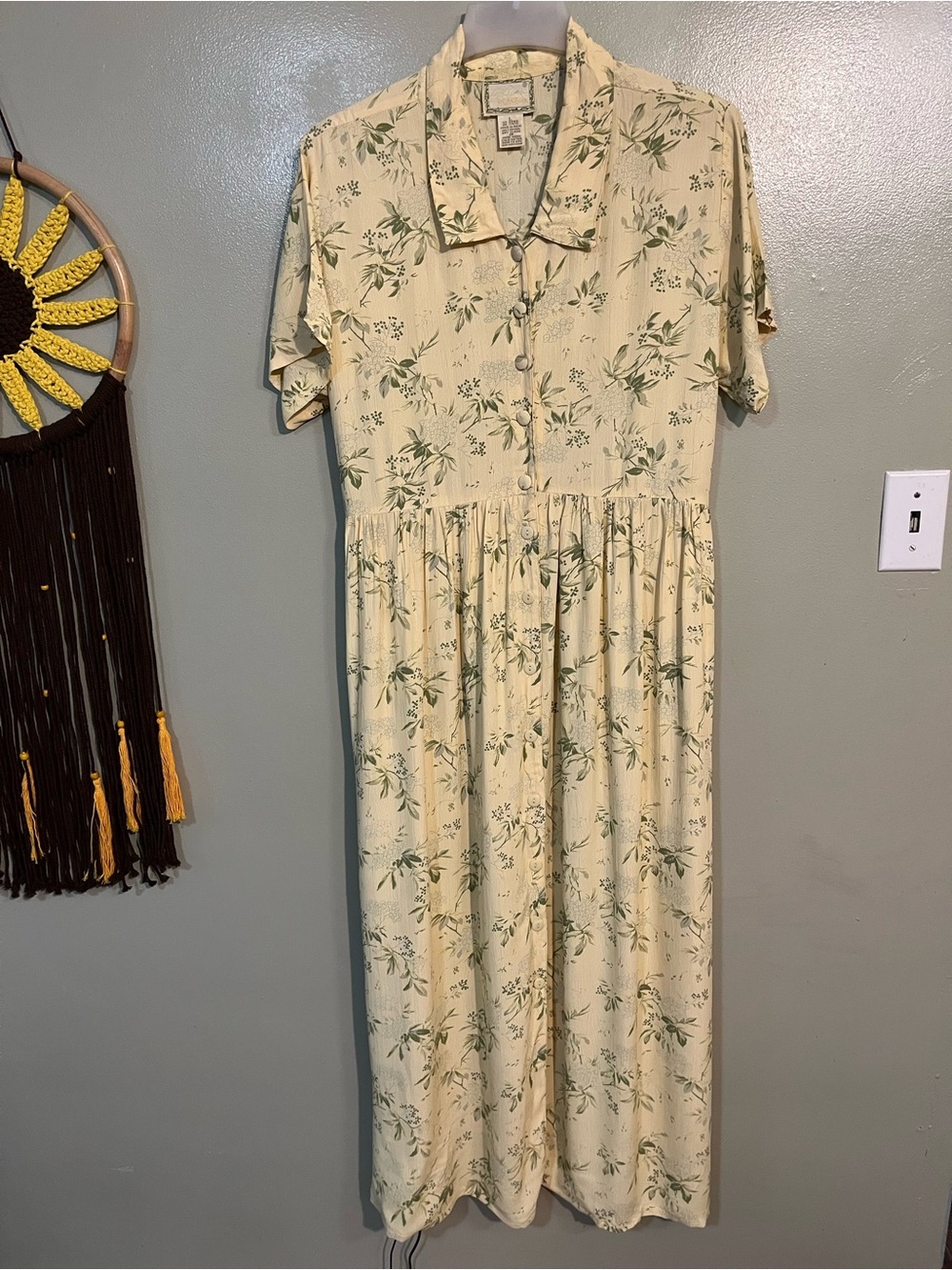 Vintage- April Cornell  Yellow Floral Button-Front Midi Dress Cottage Core L